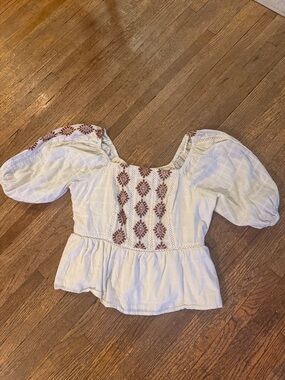 White Peasant Blouse with Rust Embroidery - Women's Puff Sleeve Top